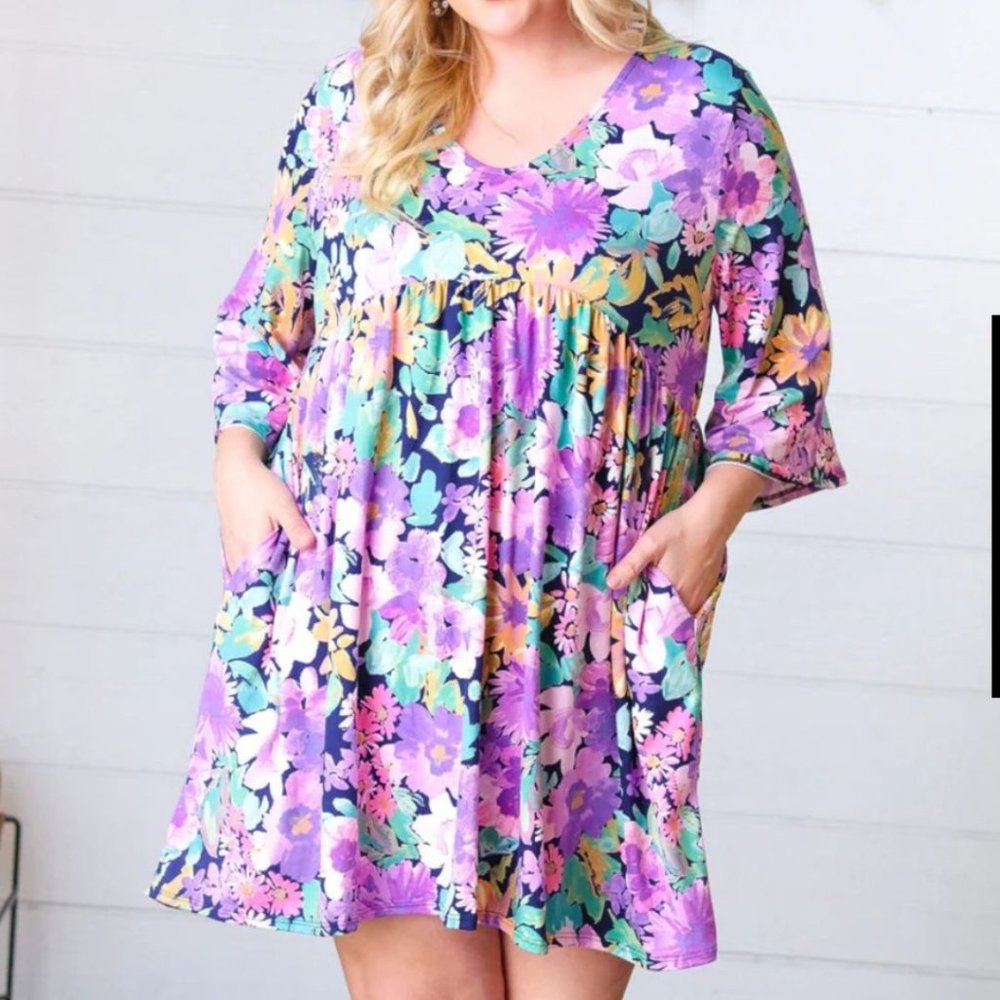 Purple Floral Bell Sleeve Babydoll Dress